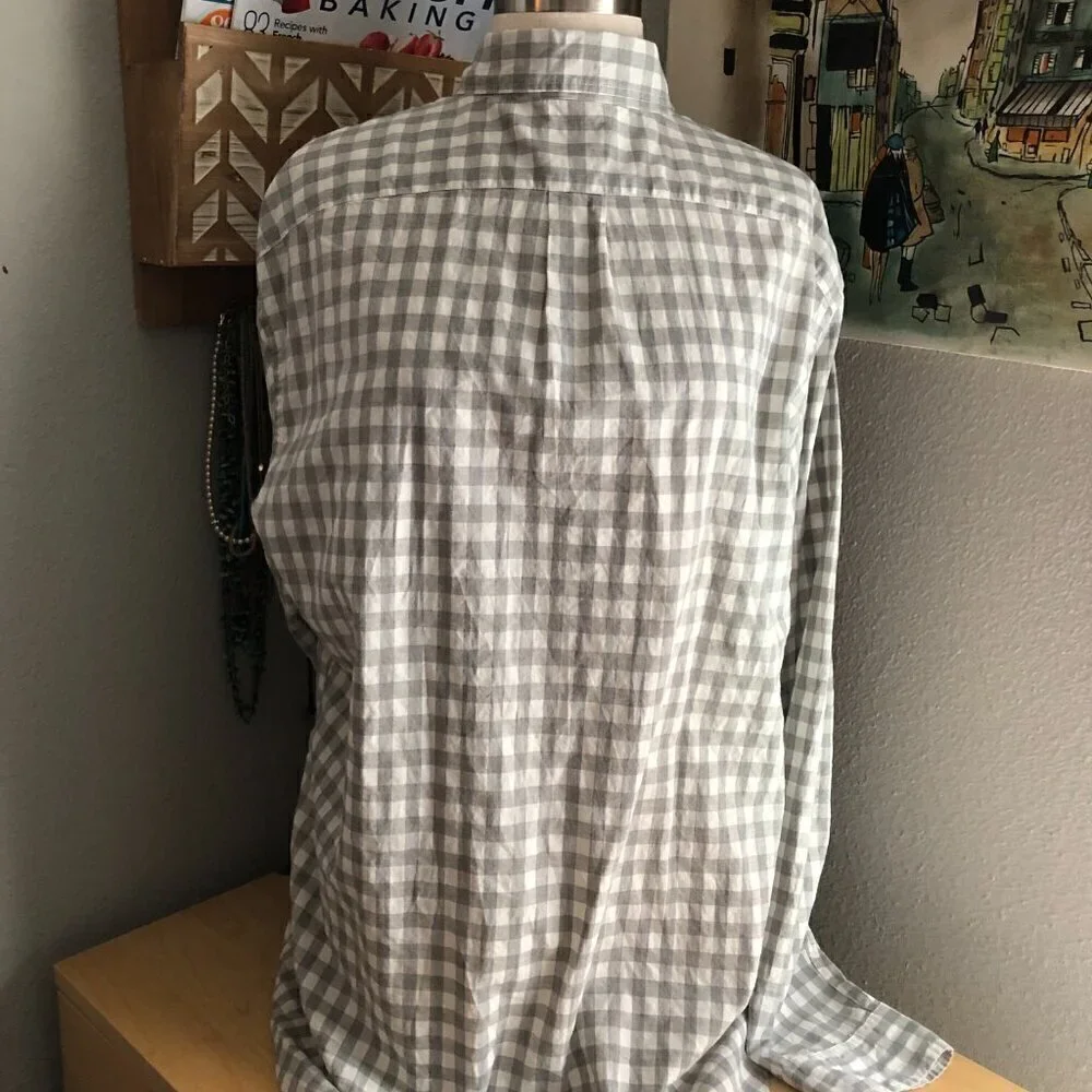 J. Crew Secret Wash Slim Fit Gray White Check Shirt XL Organic Cotton Preppy NWT
